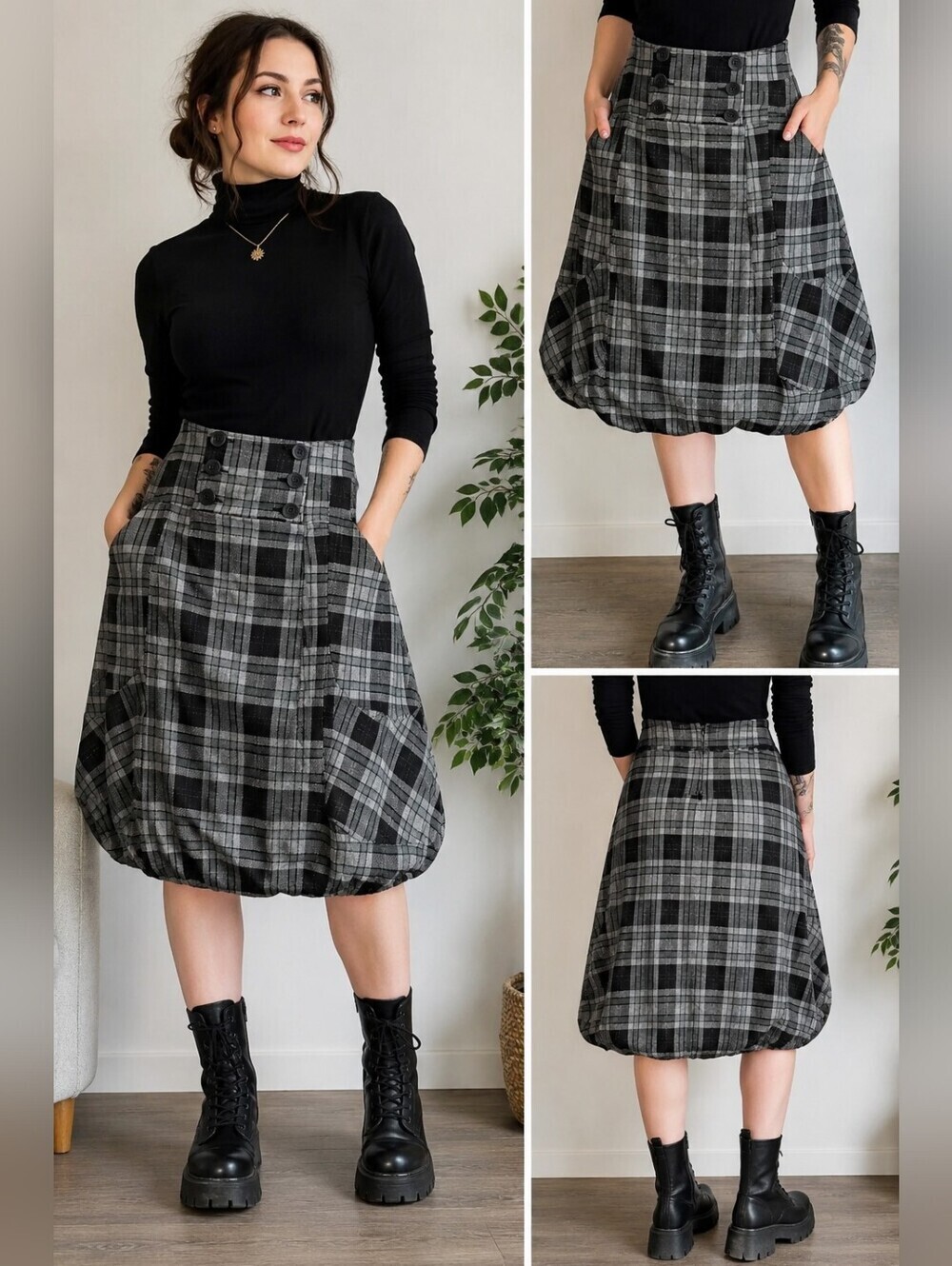 YUVITA Gray Black Plaid Bubble Hem Skirt Dark Academia Made In Belarus Size 4 - Picture 9 of 9